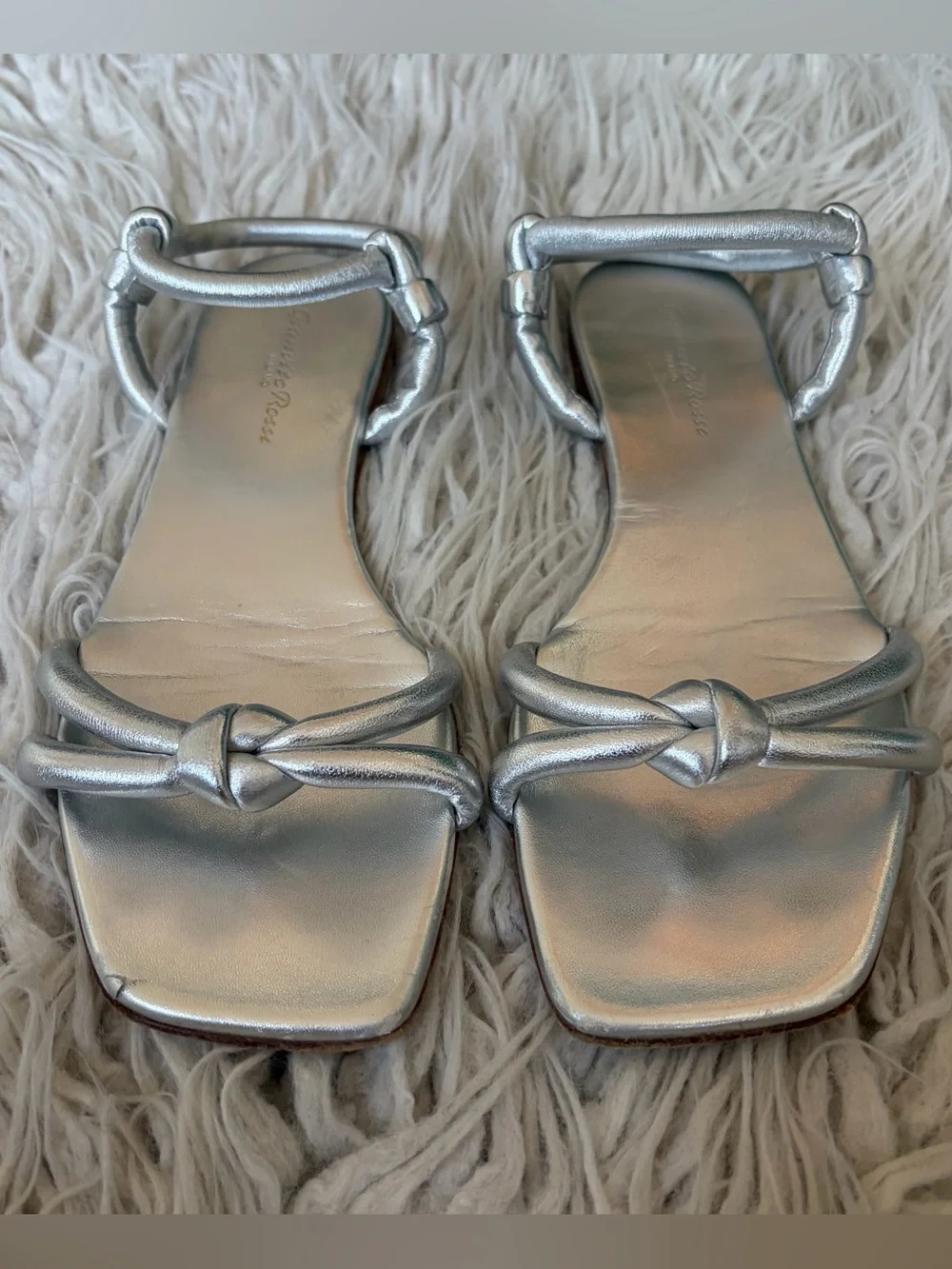 Gianvito Rossi Juno 05 Leather Knotted Silver Metallic Nappa Flats Sandals Sz 38